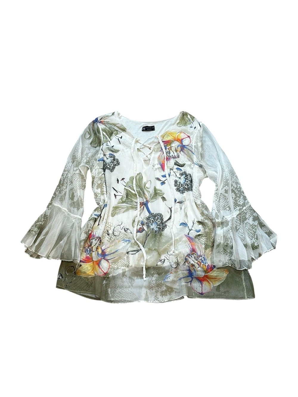 Bella Amore Women’s Chiffon Floral Blouse Lace Up Front Flare Sleeves Whimsical
